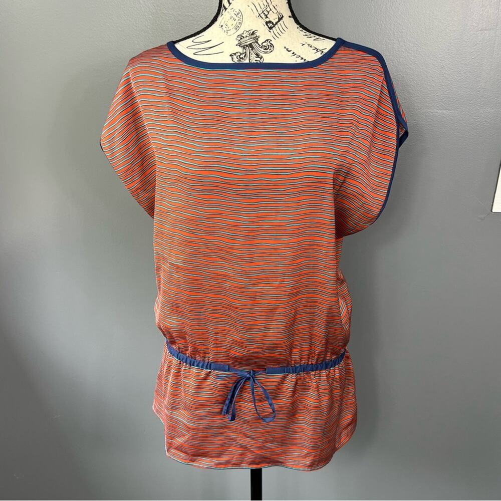 Ann Taylor orange and blue striped short sleeve blouse with tie detail